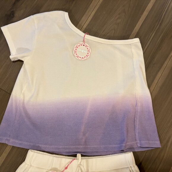 Umgee Off the Shoulder Waffle Knit Pamela Top and Shorts ~ Purple/White ~ Large - Picture 3 of 3